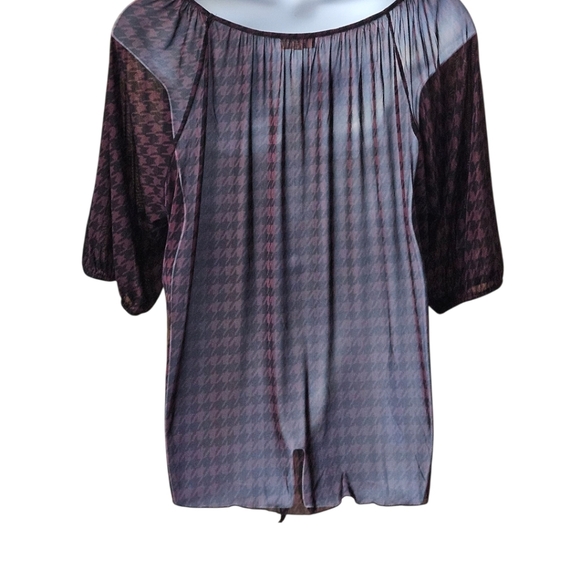 EMBER Plus Size Women's Burgundy Black Sheer Houndstooth Print Tie Front Blouse - Picture 7 of 13